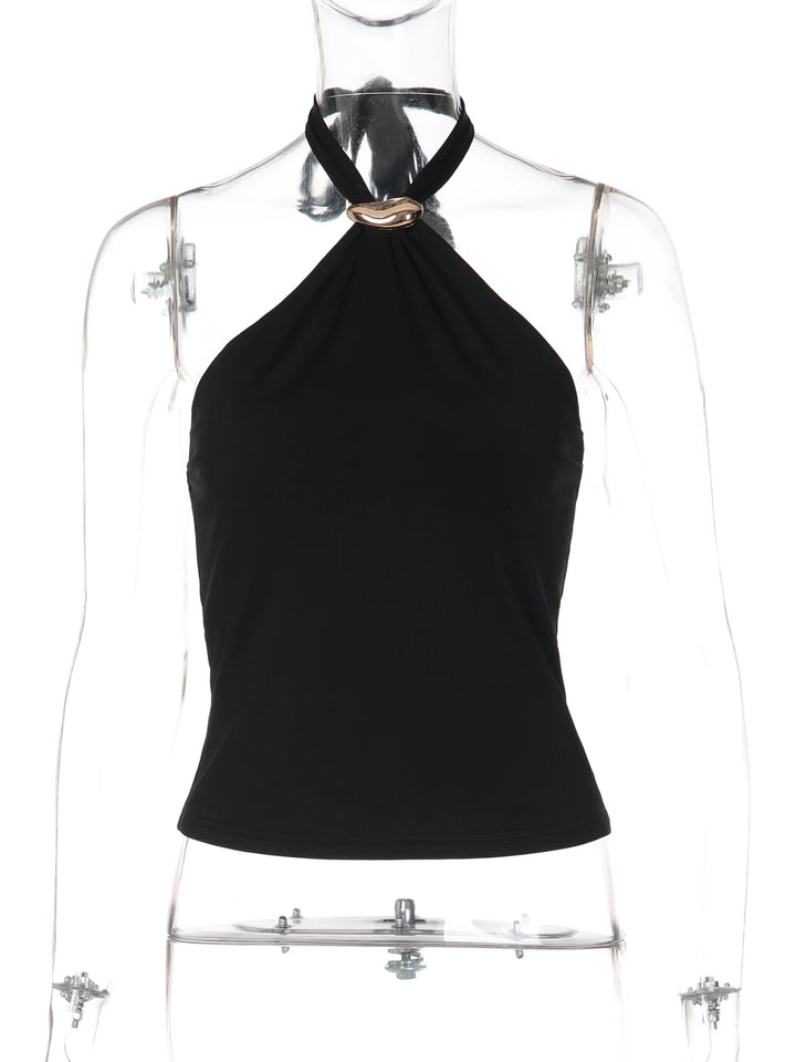 Backless Halter Tank Top with Metal Ring Detail